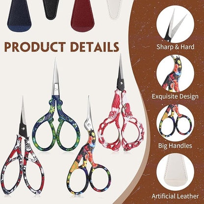 Zhehao 4 Pcs Sewing Embroidery Scissors with Artificial Leather Cover Sewing Stainless Vintage Embroidery Scissors for DIY Needlework Art Manual Handicraft (Delicate)