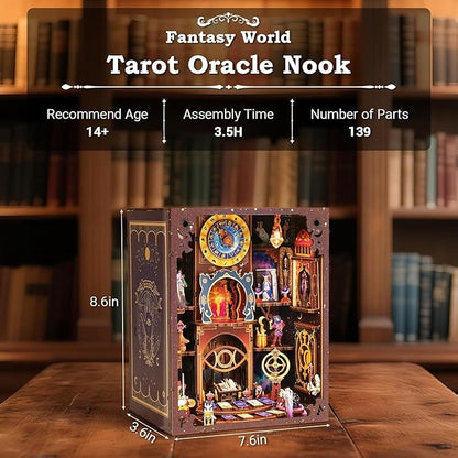 Tarot Book Nook Kit - 3D Wooden Puzzle for Adults, Teens & Beginners, DIY Miniature Bookshelf Insert with LED Light, Mysterious Craft Gift for Family, Friends