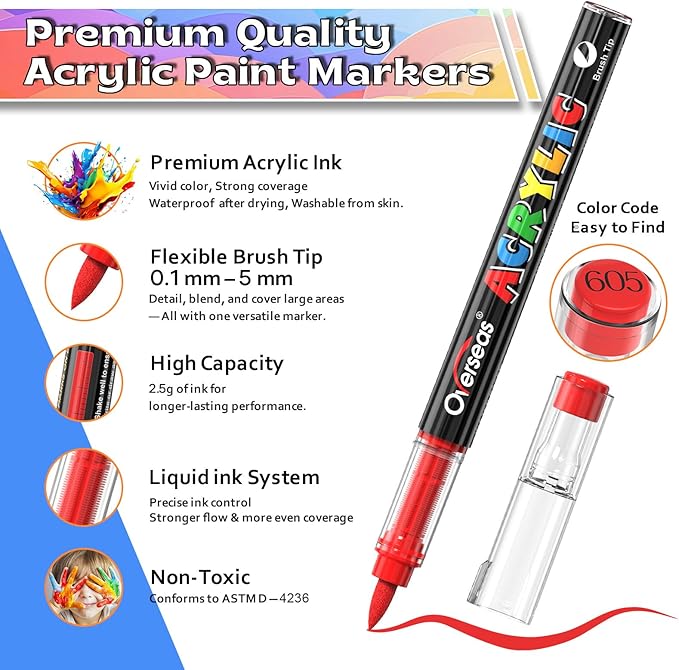 Overseas Acrylic Paint Markers 168 Colors, Brush Tip Paint Pens with Automatic Ink Control System, Quick Drying Liquid Ink Acrylic Marker for Rock, Wood, Canvas, Glass, Fabric, Metal, Plastic, Rubber
