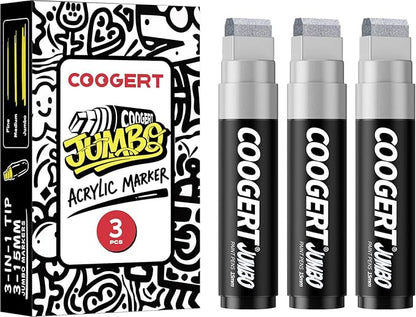 3Pcs Silver Jumbo Poster Markers, 15MM Thick Permanent Acrylic Graffiti Markers, Wide Tip Paint Marker for Canvas, Posters Board, Fabric, Window, Glass, Wood, Teachers,Banner painting supplies