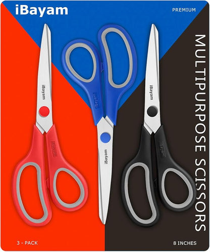 Scissors, iBayam 8" All Purpose Scissors Bulk 3-Pack, Ultra Sharp 2.5mm Thick Blade Shears Comfort-Grip for Office Desk Accessories Sewing Fabric Home Craft School Supplies, Right/Left Handed
