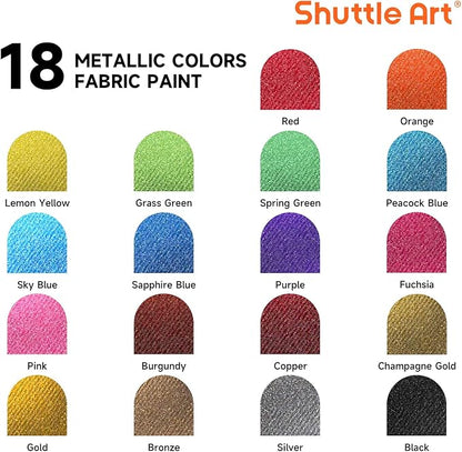 Metallic Fabric Paint, Shuttle Art 18 Metallic Colors Permanent Soft Fabric Paint in Bottles (60ml/2oz) with Brush and Stencils, Non-Toxic Textile Paint for T-shirts, Shoes, Jeans, Bags & DIY Projects