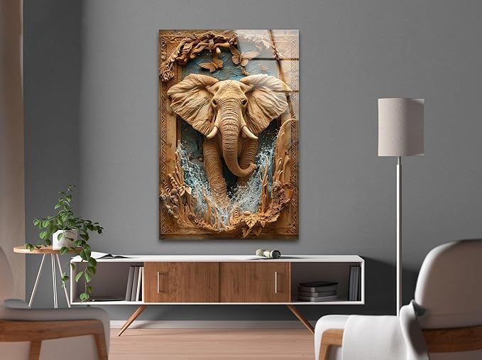 My Photostation.com Round 24'' Elephant Carving Glass Wall Art Tempered Glass Printing Wall Decor Large Wall Art Wall Hangings