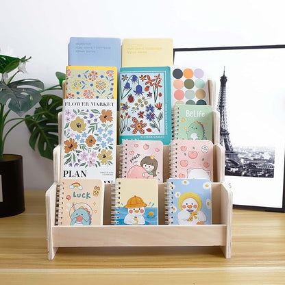 4-Tier Wooden Greeting Card Display Stand, Sticker Organizer Rack, Retail Counter Holder for Postcards and Photos& Stationery Vendors (Burlywood)