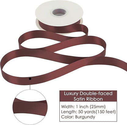 HUIHUANG Burgundy Satin Ribbon 1 inch x 50 Yards Dark Burgundy Double-Faced Polyester Ribbon for Gift Wrapping, Wedding Invitations, Hair, Bows Making, Christmas Holiday Decor, Floral Arrangement