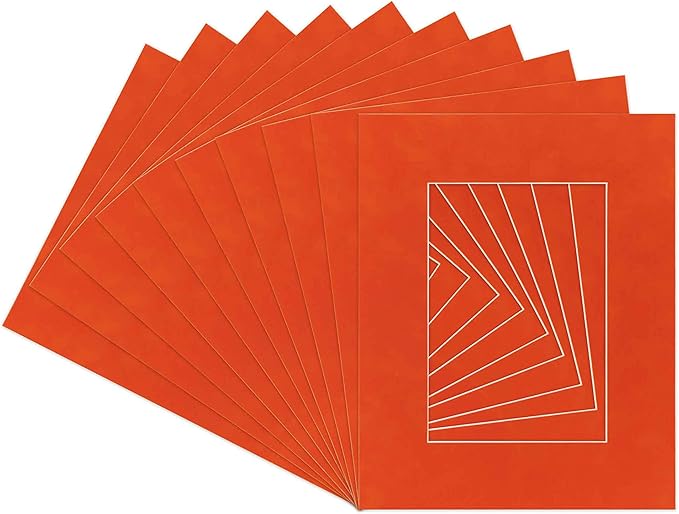 Pack of Ten Acid Free 11x14 Mats Bevel Cut for 8.5x11 Photos - Orange Suede Precut Matboards With Backing Boards and Self Seal Photo Mat Bags For Pictures, Photos, Framing - 4-ply Thickness