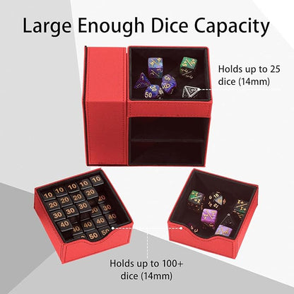 Dice Tray & Dice Tower Storage Box, 3 in 1 Dice Holder Case (Dice Rolling Tray, Rolling Tower, Storage Drawers), Leather Magnetic Closure DND Accessories Gifts for RPG MTG, Red/Black