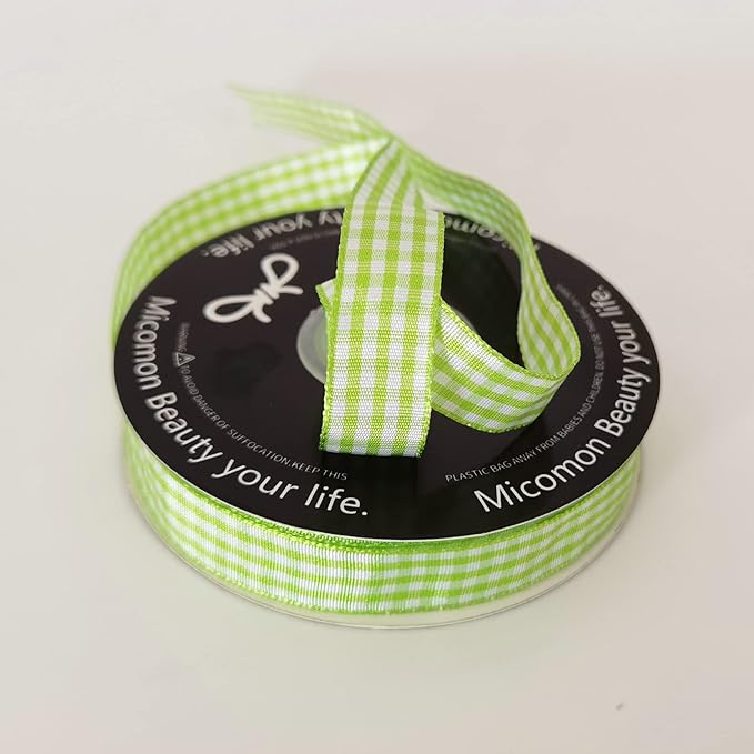 Apple Green Light Green Gingham Plaid Checked Ribbon 25 Yards Each Roll 100% Polyester (5/8",Apple.Green)