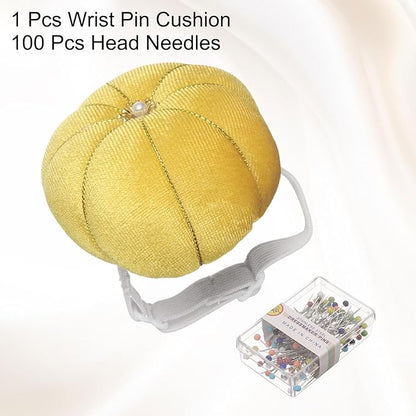 HARFINGTON Wrist Pin Cushion Wristband Sewing Pincushion Polyester Pin Holder Wearable Pumpkin Shaped Needles Wristband with 100 Head Needles for Sewing Quilting DIY Crafts, Yellow