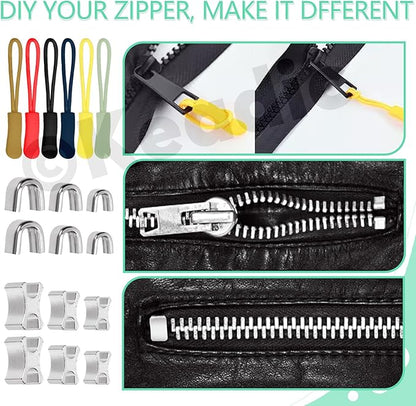 Keadic 144Pcs Zipper Repair Kit With 3/5/8 Sizes, Extension Pull, Top/Bottom Stops, Replacement Zippers, Pliers for Metal, Plastic, Nylon Coil Repair