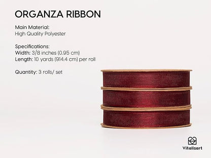 Vitalizart 3/8" x 30Yd Organza Ribbon Christmas Red Sheer Ribbons Set 10 Yd x 3 Rolls Handmade Eco-Friendly for Gift Wrapping Christmas Tree Crafts Bows Wedding Invitations Wreaths Wrap