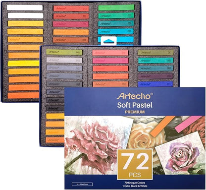 Artecho 72pcs Soft Pastels, 70 Colors Including 4 Fluorescent Colors, Extra Free Black & White, Square Chalk for Drawing, Blending, Layering, Shading, Pastels Art Supplies