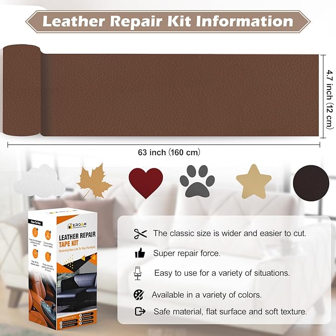 Leather Repair Tape, 4.7x63 inch Leather Patches for Furniture, Self Adhesive Leather Repair Patch for Sofas, Couches, Leather Covers, Seats, Chairs, Vinyl Repair Tape Beige