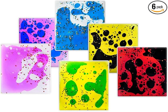 Squishy Liquid Sensory Tiles for Kids – 6" Soft Colorful Tactile Play Pads with Glitter for Visual Tracking, Desk, Calm Corner, Classroom or Quiet Play (6-Pack)
