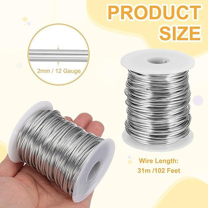 uxcell 12 Gauge / 2mm Anodized Aluminum Wire for Jewelry Craft Making, 102 Feet Bendable Flexible Wire for DIY Home Decor Gardening Sculpture, Silver