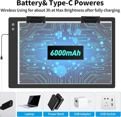 Rechargeable A1 Light Box (35.4''x23.6''), 3-Color Light LED Light Pad for Tracing, Large Diamond Painting Light Board, 6 Levels/Stepless Dimming Light Table for Drawing, Sketching, Animation