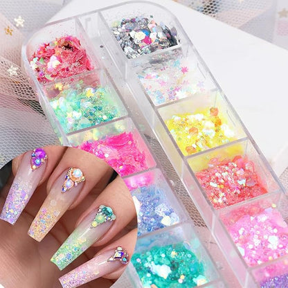 12 Colors Bling Mermaid Nail Glitter Sequins 3D Holographic Nail Glitter Flakes Hexagon Chameleon Chunky Glitter for Nail Art Sequins Mixed Iridescent Nail Flakes for Women DIY Shiny Nail Decoration