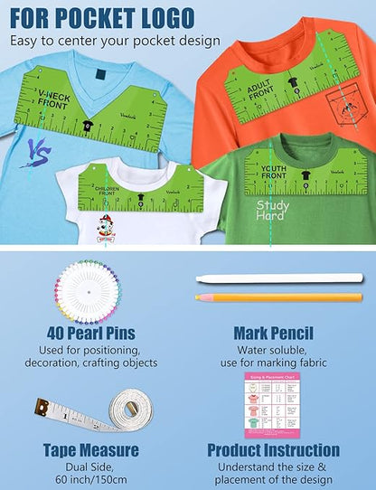 Vowlove Tshirt Ruler Guide for Vinyl Alignment: T Shirt Ruler to Center Design, Tee Measurement Tools, Heat Press Accessories for Sublimation, HTV Heat Transfer Vinyl Press, Screen Printing