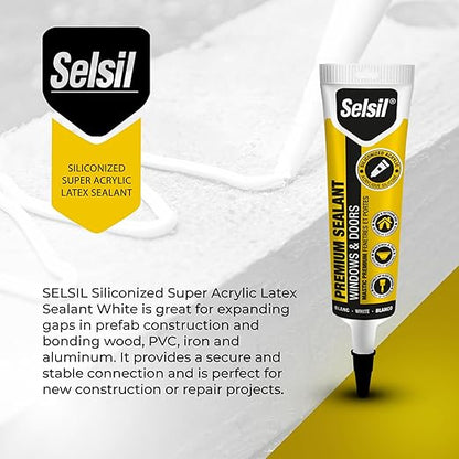 Selsil Siliconized Super Acrylic Latex Sealant, Indoor & Outdoor Paintable Caulk - Flexible, Weather & Moisture Resistant, White Caulking for Baseboards, Windows, Doors & More - 5.5 oz (160 ml)