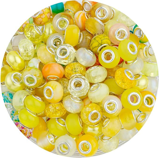 LAIDANLA Yellow Mix Large Hole Beads, 100pcs, 14mm x 5mm, Resin, Plastic, Acrylic, Round, Loose Beads for Jewelry Making, Bracelet, Necklace, Decoration
