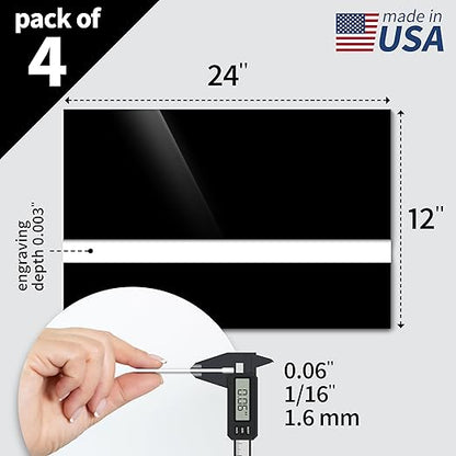 Trotec TroLase | 12"x24"x1/16", 4 Pcs | Gloss Black/White | 2 Ply | Modified Acrylic | Laser Engraving Double Color Plastic Sheet | Engraving Blanks for Laser, Saw, Guillotine | Made in USA