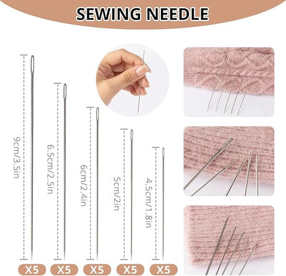 37 Pcs Big Eye Steel Sewing Needles Kit - Stainless Steel Needles for Hand Sewing Kit with Thread Ripper, Needle Threaders, Threads and Thimbles