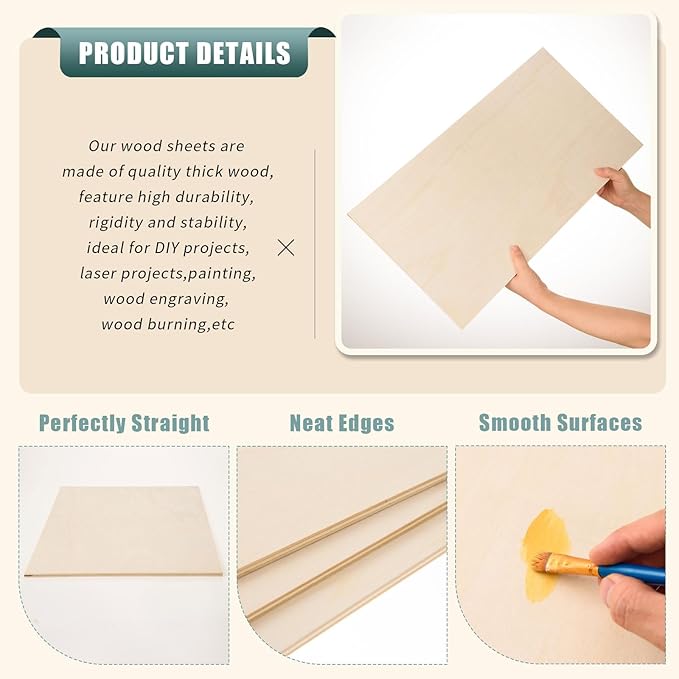 6 Pack 12 x 24 x 1/4 Inch-6mm Thick Basswood Sheets for Crafts Unfinished Plywood Sheets Rectangular Wood Panel Boards for DIY Laser Project, Wood Burning, Engraving, Architectural Models, Staining