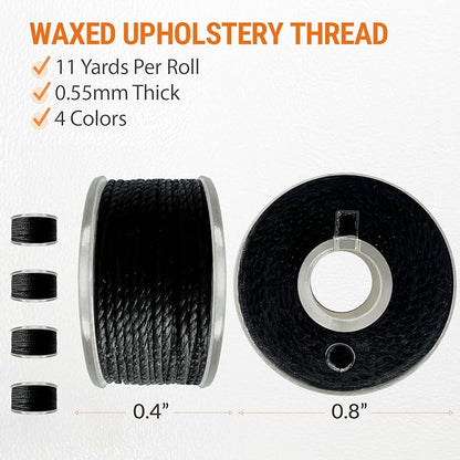 VONEEDL Heavy Duty Sewing Needles (11 PCS) & Waxed Thread (Black Color - 4 Rolls) - Upholstery Repair Kit for Leather, Canvas, Quilting & More