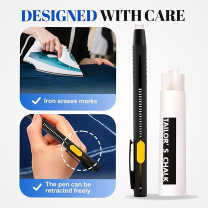 Heat Erasable Fabric Markers for Sewing, Quilting & Embroidery & DIY Crafts - Washable, Refillable DIY Chalk Pens for Cotton & Knitted Fabrics, Sewing Supplies (2 Pens+20 Refills)