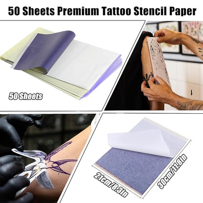 50 Sheets Tattoo Transfer Paper A4 Size Professional Thermal Stencil Paper for Artists, Dual Use with Copier or Hand Drawing, Cut-to-Fit Design
