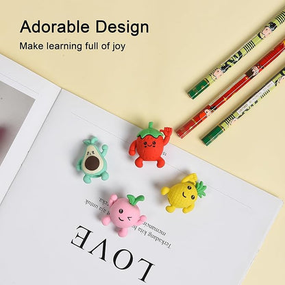 HILAZA 16Pcs Pencil Top Erasers for Kids, 3D Cute Fruit Pencil Toppers, Bulk Fun Pencil Cap Easters for School Classroom Supplies Prize Gifts Party Favors