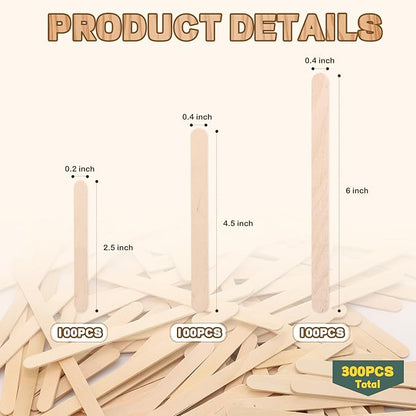 300PCS Wooden Sticks for Craft, 3 Sizes (2.5",4.5",6") Natural Wood Sticks Popsicle for Ice Cream Waxing Hair Removal and Wax Supplies Stir Classroom Art DIY Paint Craft Project Tongue Depressors