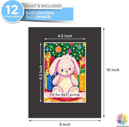 Mat Board Center, 8X10 Black Mats for 5X7 Pictures - Acid Free, 4-Ply Thickness, White Core, Bevel Cut - for Artworks, Photos, Framing - Pack of 12