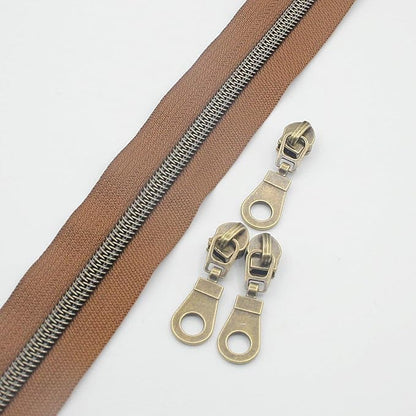 Leekayer #5 Antique Brass Metallic Nylon Coil Zippers by The Yard Bulk 10 Yards (Brown Tape with 25pcs Brass Sliders for DIY Sewing Tailor Craft Bag(Brown)