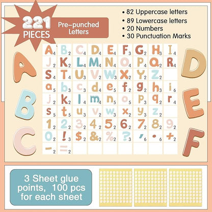 221 Pcs Bulletin Board Letters Round Alphabet Number Punctuation Symbol Combo Letter Cutouts Classroom Decoration for School Classroom Chalkboard Poster Board(Retro Boho)