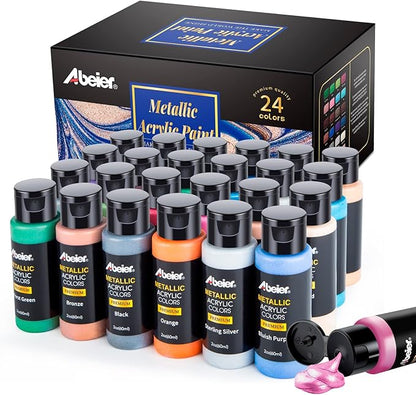 ABEIER Metallic Acrylic Paint, Set of 24 Metallic Colors in 2oz/60ml Bottle, Rich Pigments, Non Fading, Non Toxic Paints for Artist, Beginners & Kids Painting on Rocks Crafts Canvas Wood, Fabric&Stone