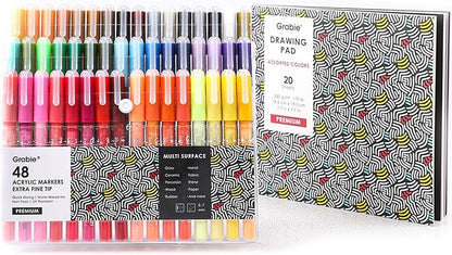 Grabie Acrylic Paint Pens Markers, 48 Colors, 0.7 mm, Extra Fine Tip Drawing Markers, Premium Paint Pens for Painting on Various Surface, Art Supplies, Set of 48