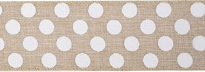 MEEDEE Burlap Ribbon with White Polka Dots - 2.5 Inch Natural Linen Wire Edge Craft Ribbon for Baby Shower, Beach, Farmhouse Gift Basket, 10 Yards