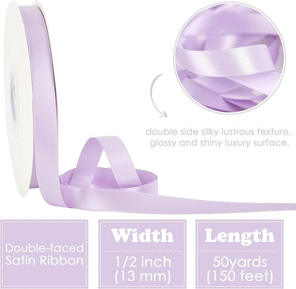 HUIHUANG Light Purple Satin Ribbon 1/2 inch Continuous 50 Yards Lilac Double-Faced Satin Ribbon for Gift Wrapping, Bows, DIY Crafts, Flower Bouquet, Wedding Bridal Shower Decor, Holiday Decor