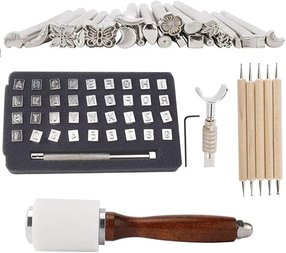65PCS Leather Stamping Tool Leather Carving Working Saddle Making Tools DIY Leather Craft Stamps Set DIY Hammer Swivel Knife with Leathercraft Metal Letter and Number Stamps Punch
