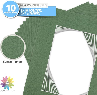 Mat Board Center, Pack of 10, 8x10 for 5x7 Basque Green Color Mats - Bevel Cut, Acid Free, 4-ply Thickness, White Core - for Pictures, Photos, Framing