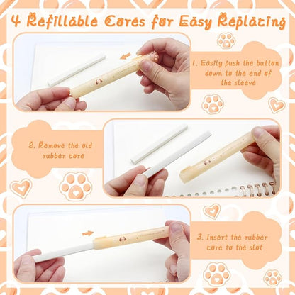 Benvo Retractable Cat Paw Erasers 4 Pcs with Refillable Rubbers Slim Erasers for Precise Erasing, Cute Eraser for Students, Artists, Office Use