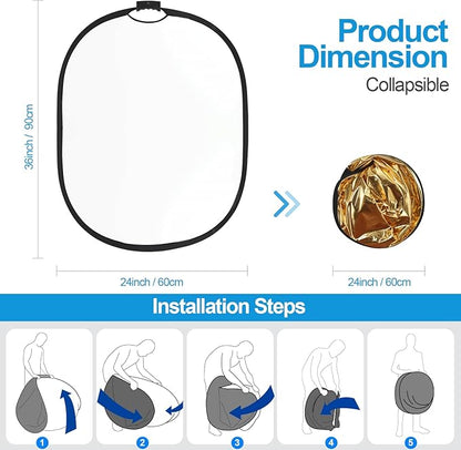 WELLMAKING 24'' x 36'' (60 x 90cm) Photography Reflector 5-in-1 Collapsible Light Reflector with Bag & tilt Adapter, Portable Light Reflector Photography Panel for Studio Video & Outdoor Lighting