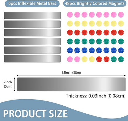 6Pcs 15''L x 1.97''W Frameless Magnetic Bulletin Strip with 48pcs Magnets, Self Adhesive Backing Stainless Iron Bar Memo Board for School, Home, Office