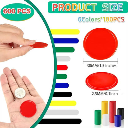 Coopay 600 Pieces 1.5 Inch Plastic Bingo Chips Learning Counters Disks, 6 Colors Counting Discs Markers for Math Practice and Poker Chips, Card Game Tokens, Teaching Rewards, 38 mm