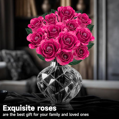 12 Everlasting Roses Bouquet Building Set, Gothic-Style Botanical Diary Series, Includes Heart-Shaped Gift Box Base, The Best Gifts for Your Wife and Family on Birthdays and Holidays (516 PCS)