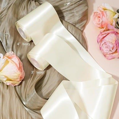 LaRibbons Ivory Satin Ribbon 4 Inch 10 Yards Double Faced Luxury White Cream Silk Ribbon for Gift Wrapping Flower Bouquets Bow Christmas Wedding Party Decoration