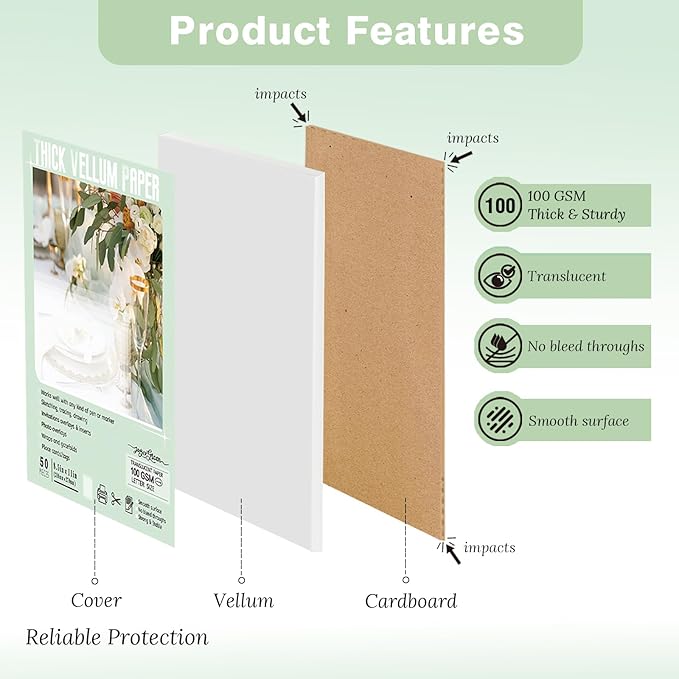 JAGERGREEN Vellum Paper 8.5 x 11 Inches 100GSM 50 Sheets, Thick Translucent Printable Vellum Paper for Invitations, Belly Bands, Tracing, Sketching