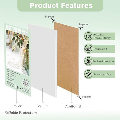 JAGERGREEN Vellum Paper 8.5 x 11 Inches 100GSM 50 Sheets, Thick Translucent Printable Vellum Paper for Invitations, Belly Bands, Tracing, Sketching