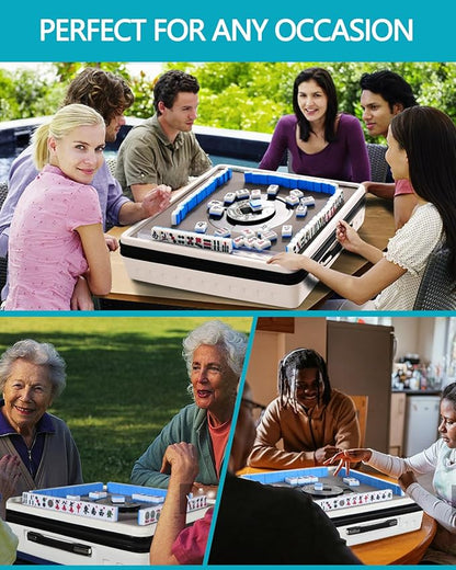Portable Automatic Mahjong Table, Hand-held Mini-Mahjong, Automatic Mahjong, Foldable Mahjong Table w/American&Chinese -Style Magnetic Tiles, for Outdoor & Home Fun (White)